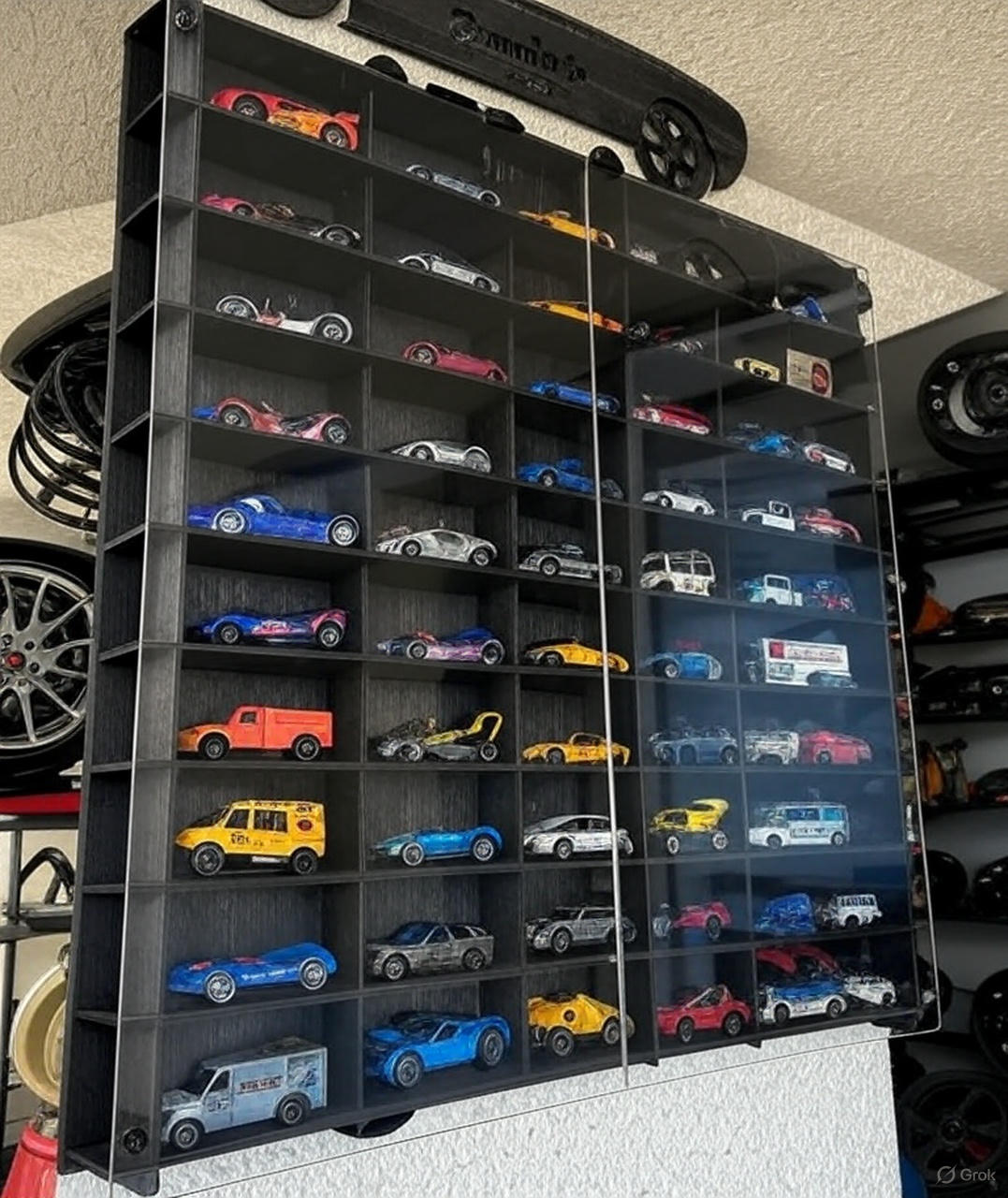 MiniGaraj 50 Bölmeli Doğal Ahşap Hot Wheels ve Matchbox Uyumlu Oyuncak Araba Düzenleyici Raf - Duvar Standı