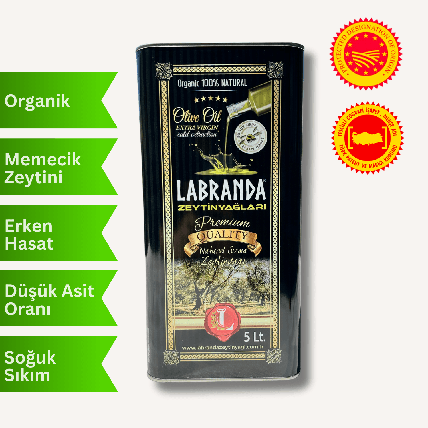 Organik %100 Natural Soğuk Sıkım Erken Hasat Zeytinyağı 5 lt - Teneke