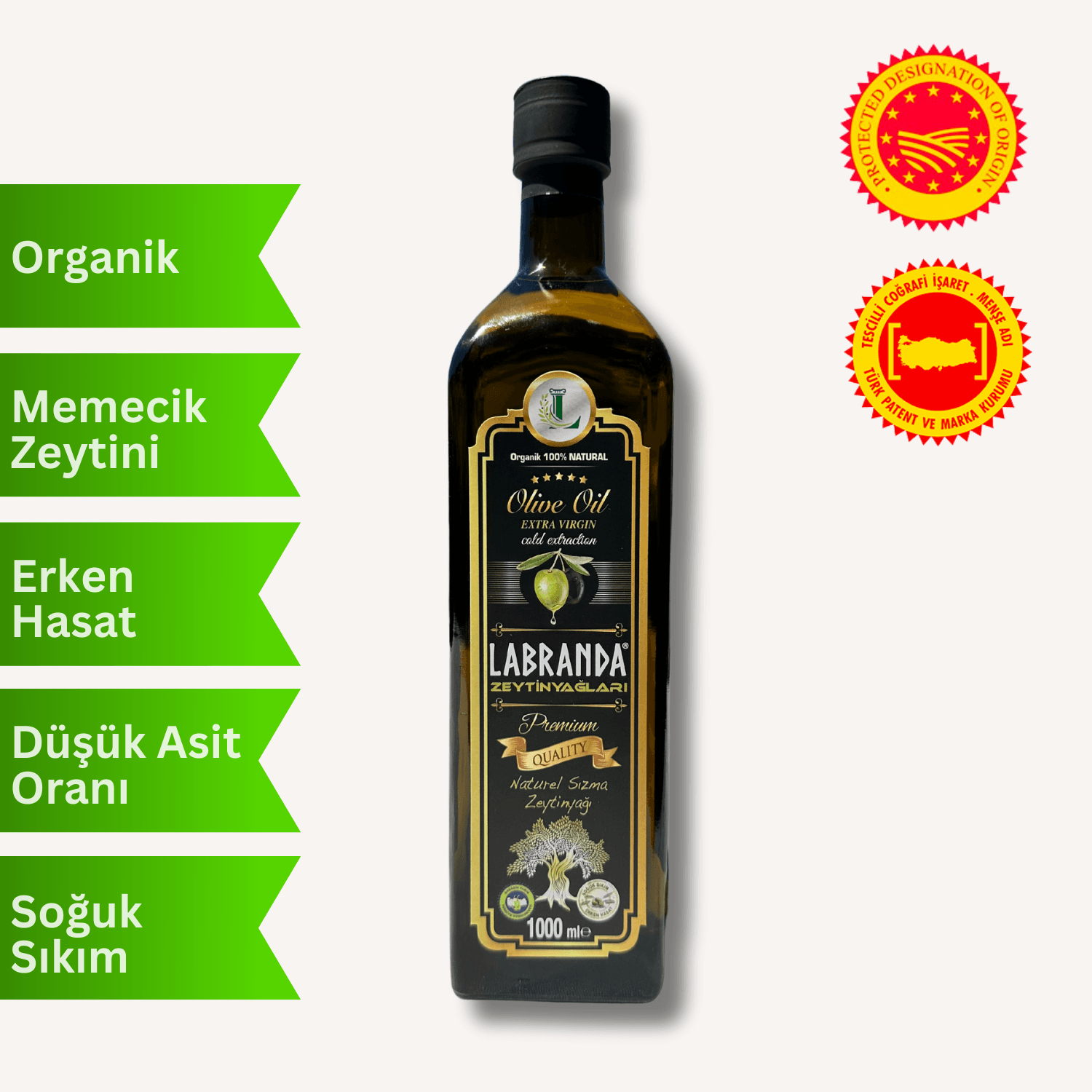 Organik %100 Natural Soğuk Sıkım Erken Hasat Zeytinyağı 1 lt - Marasca Cam Şişe