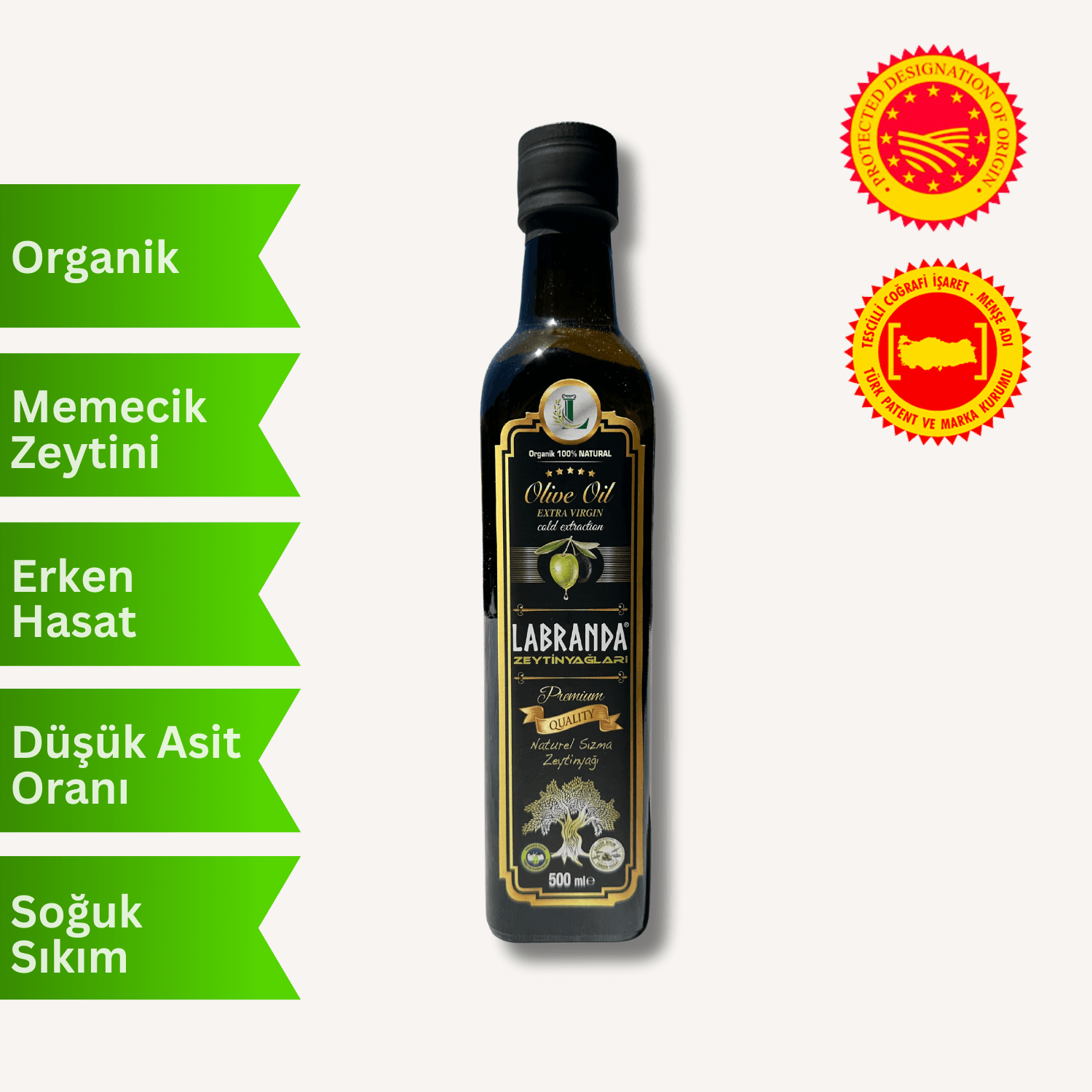 Organik %100 Natural Soğuk Sıkım Erken Hasat Zeytinyağı 500 ml - Marasca Cam Şişe