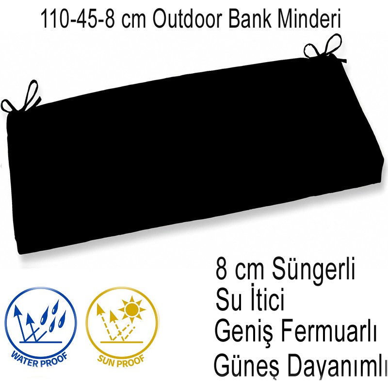İç ve Dış Mekan Su İtici Güneş Dayanımlı Bank Minderi 110-45-8 cm Siyah