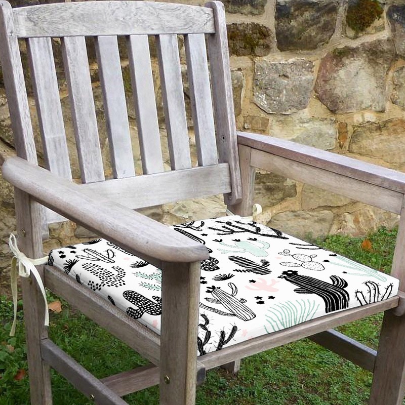 Kaktüs Desenli Sandalye Minderi 42-42-5 cm Süngerli, Fermurlı ve Bağcıklı