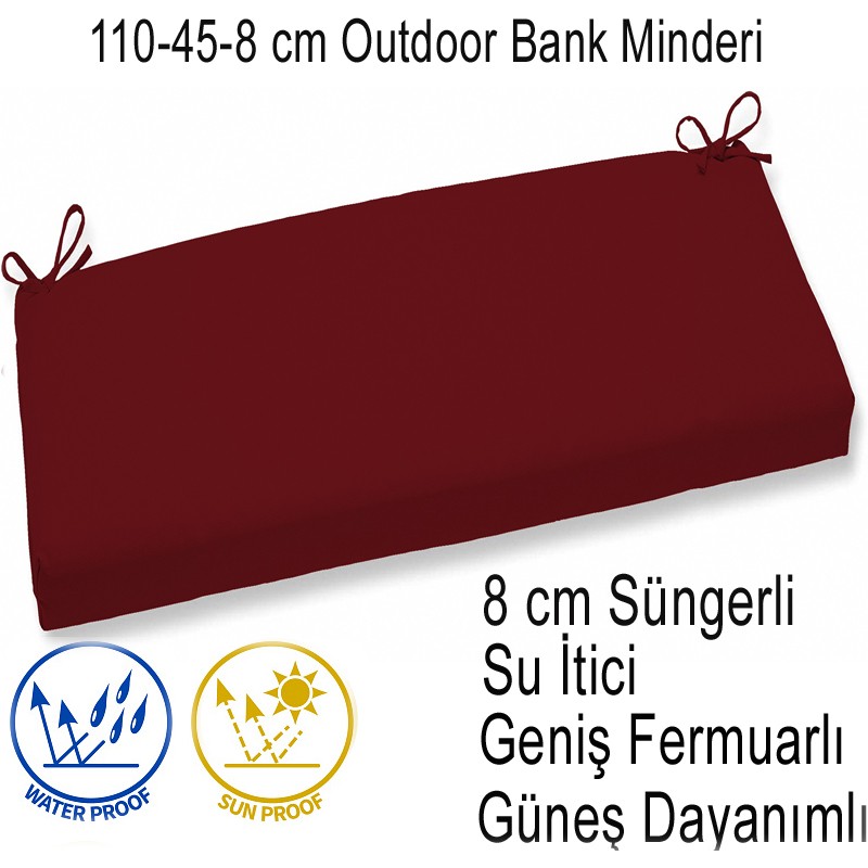 İç ve Dış Mekan Su İtici Güneş Dayanımlı Bank Minderi 110-45-8 cm Bordo