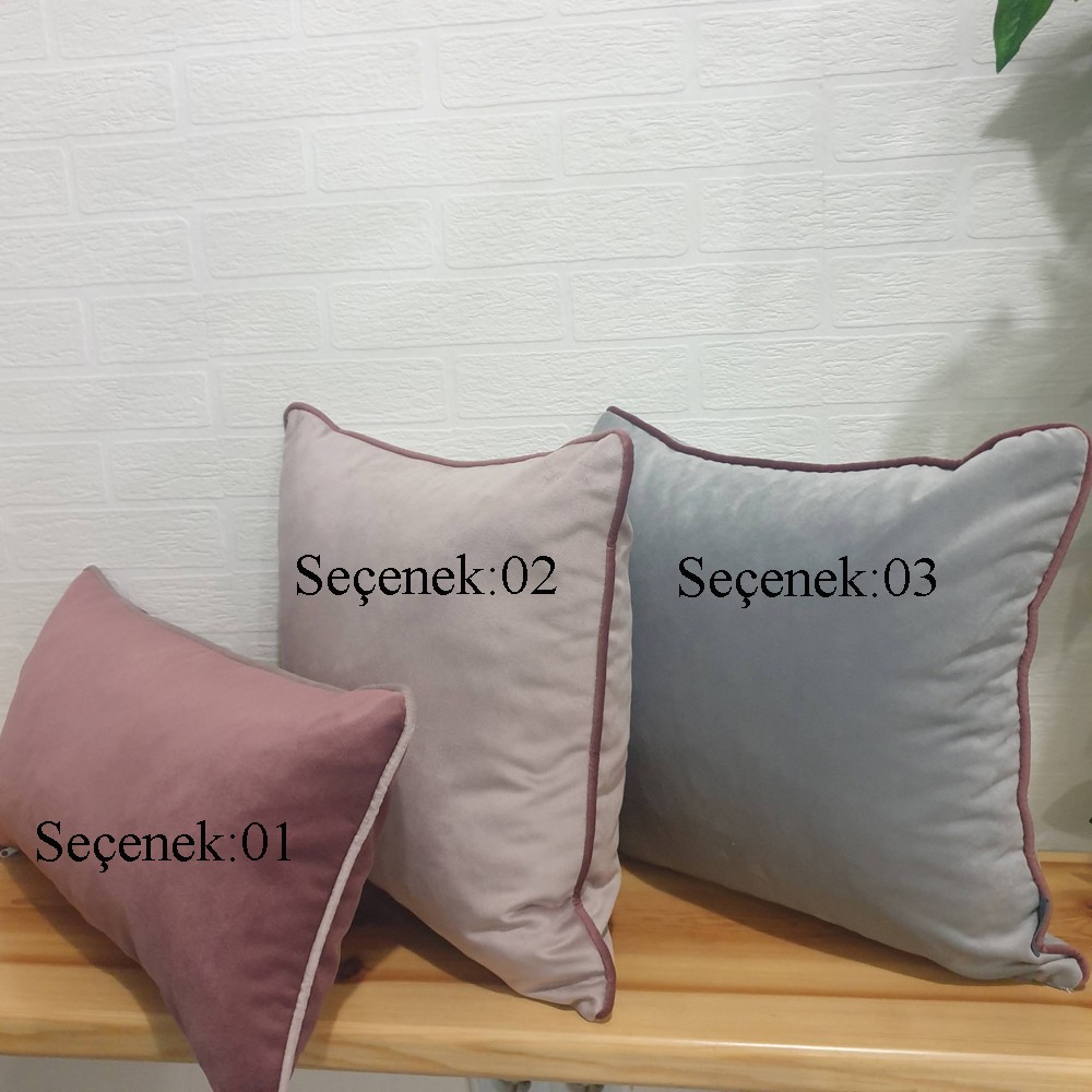 Pembe Açık Gri Gül Renkli Biyeli Kadife Kırlent Yastık Kılıfı Modelleri
