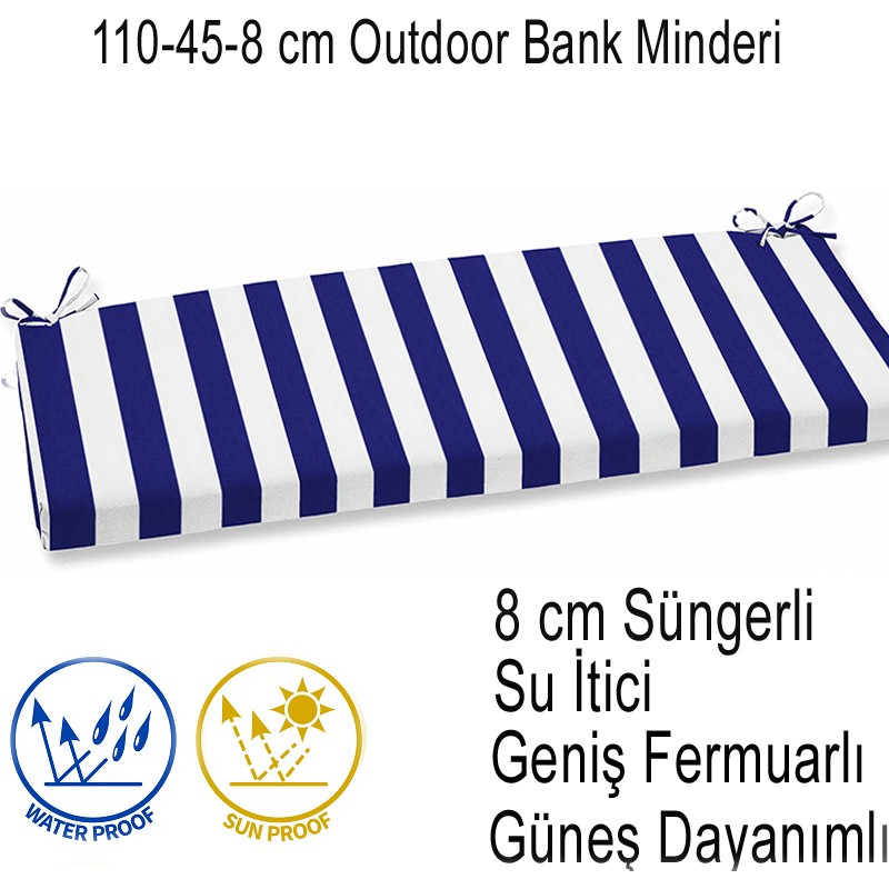 İç ve Dış Mekan Su İtici Güneş Dayanımlı Bank Minderi 110-45-8 cm Mavi Çizgili