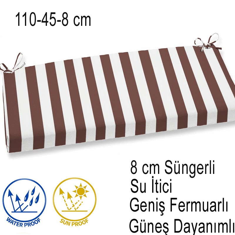 İç ve Dış Mekan Su İtici Güneş Dayanımlı Bank Minderi 110-45-8 cm Kahve Çizgili