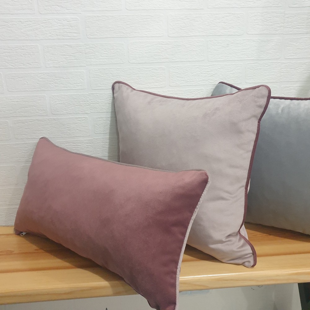 Pembe Açık Gri Gül Renkli Biyeli Kadife Kırlent Yastık Kılıfı Modelleri