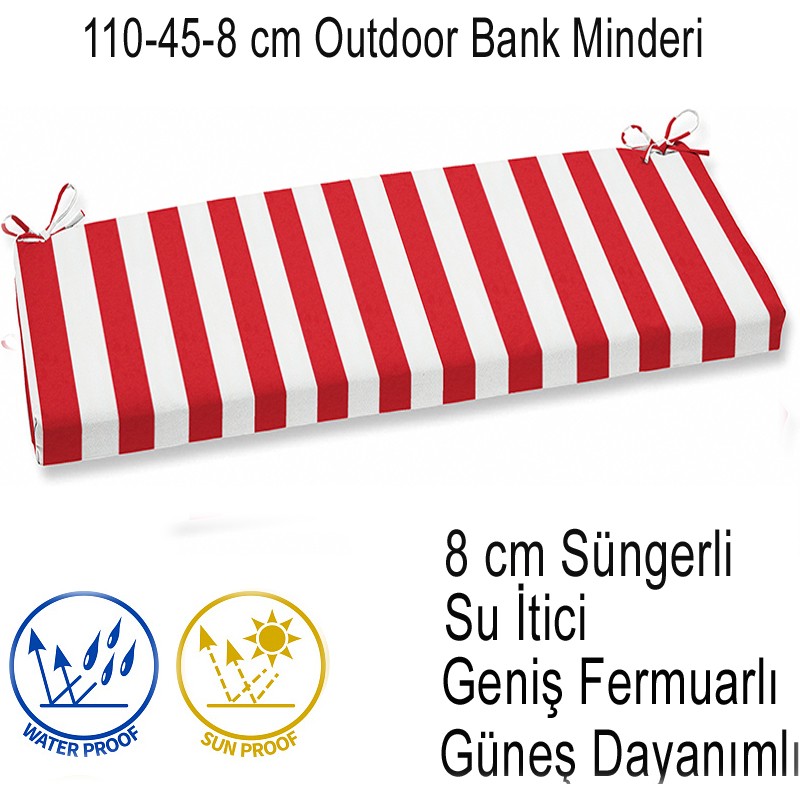 İç ve Dış Mekan Su İtici Güneş Dayanımlı Bank Minderi 110-45-8 cm KırmızıÇizgili