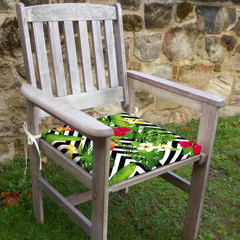 Tropikal Desenli Sandalye Minderi 42-42-5 cm Süngerli, Fermurlı ve Bağcıklı