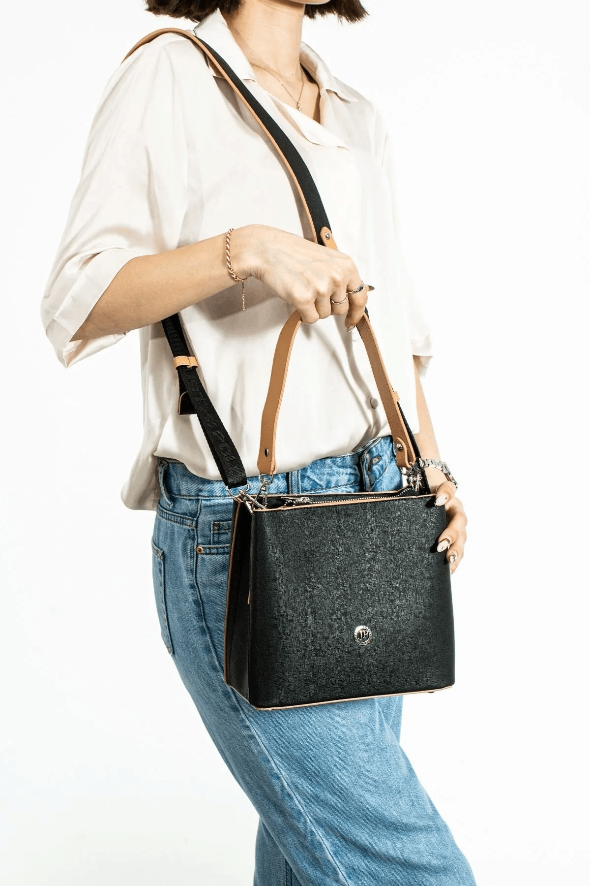 DARLA Soft Deri, Askılı Kadın Omuz Çanta - Siyah-Camel