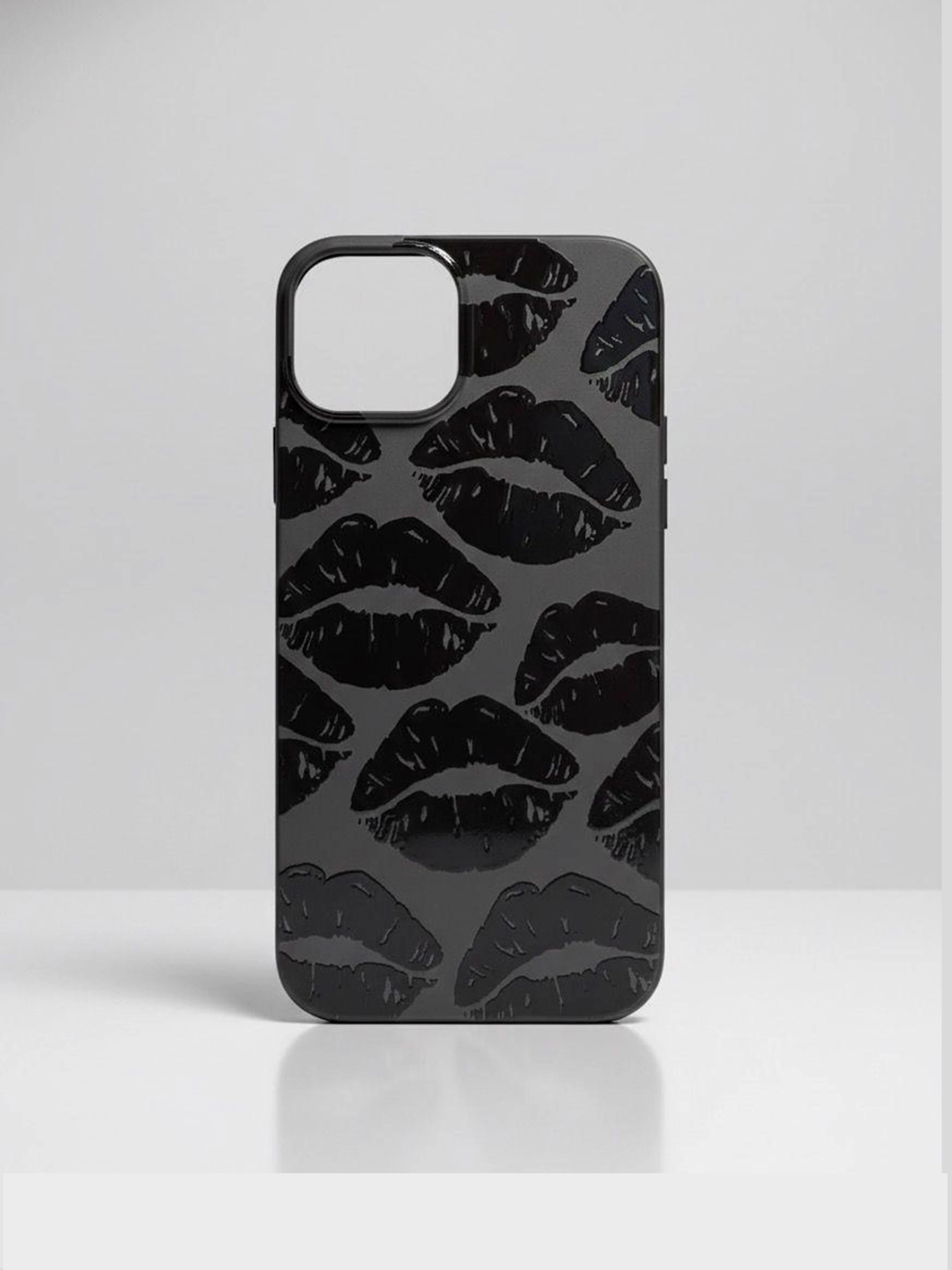 iPhone 13 / 14 ile Uyumlu Kadife İç Dokulu Premium Lansman Telefon Kılıfı - Siyah Dudak