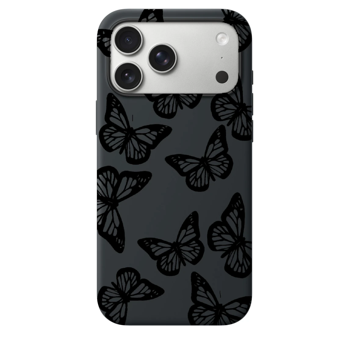iPhone 17 Pro ile Uyumlu Kadife İç Dokulu Premium Lansman Telefon Kılıfı - Siyah Kelebek