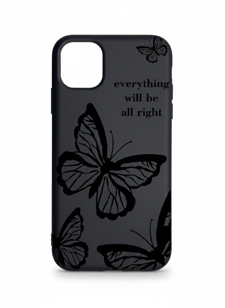 iPhone 11 ile Uyumlu Kadife İç Dokulu Premium Lansman Telefon Kılıfı - Siyah Yazılı Kelebek