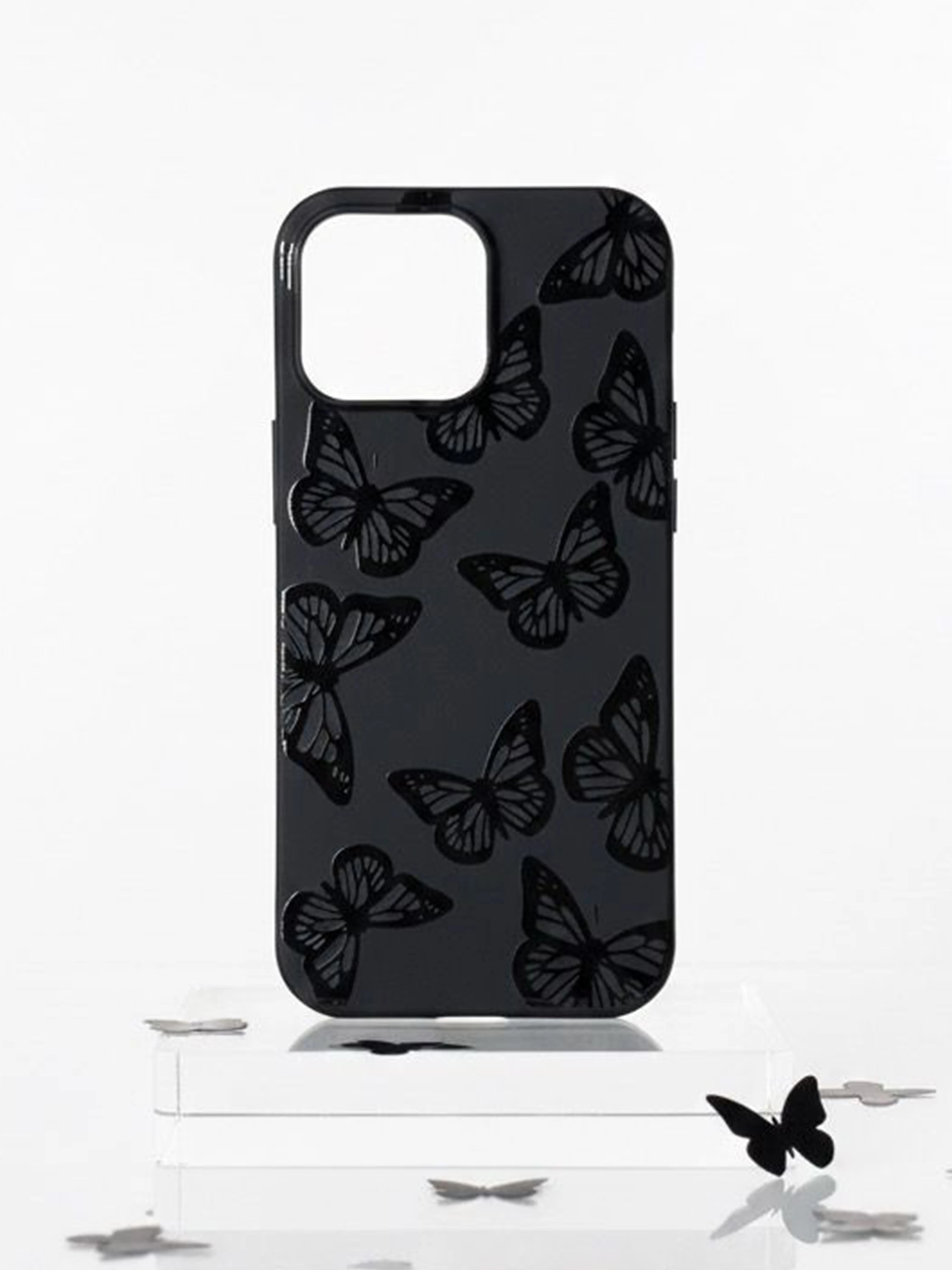 iPhone 11 Pro Max ile Uyumlu Kadife İç Dokulu Premium Lansman Telefon Kılıfı - Siyah Kelebek