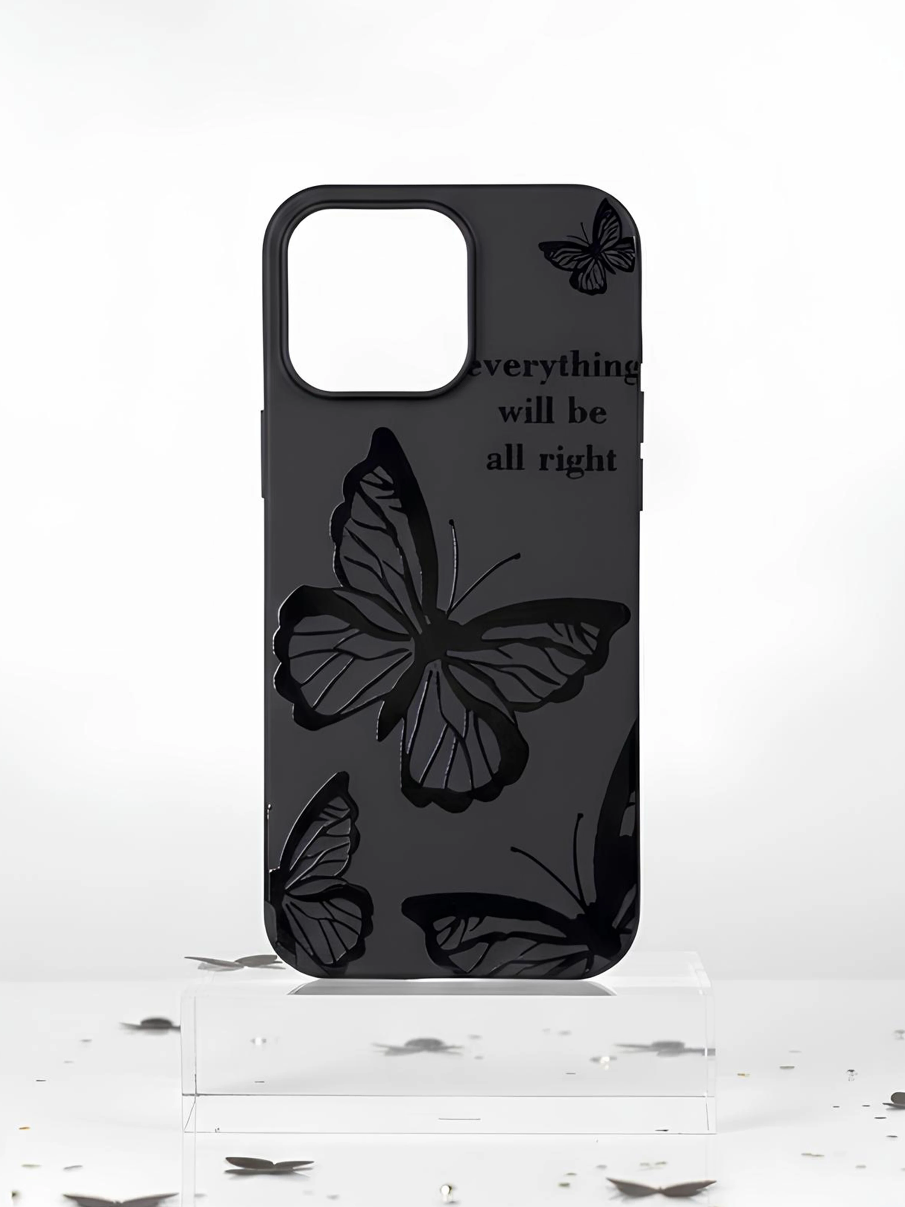 iPhone 11 Pro Max ile Uyumlu Kadife İç Dokulu Premium Lansman Telefon Kılıfı - Siyah Yazılı Kelebek