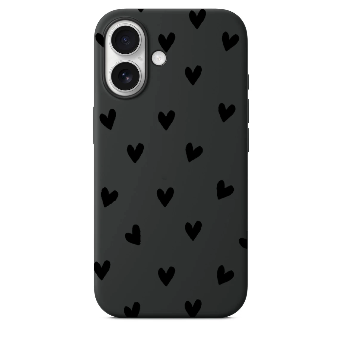 iPhone 16 Plus ile Uyumlu Kadife İç Dokulu Premium Lansman Telefon Kılıfı - Siyah Kalp