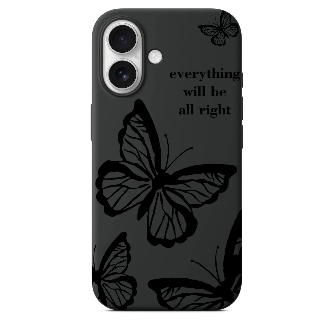 iPhone 16 Plus ile Uyumlu Kadife İç Dokulu Premium Lansman Telefon Kılıfı - Siyah Yazılı Kelebek