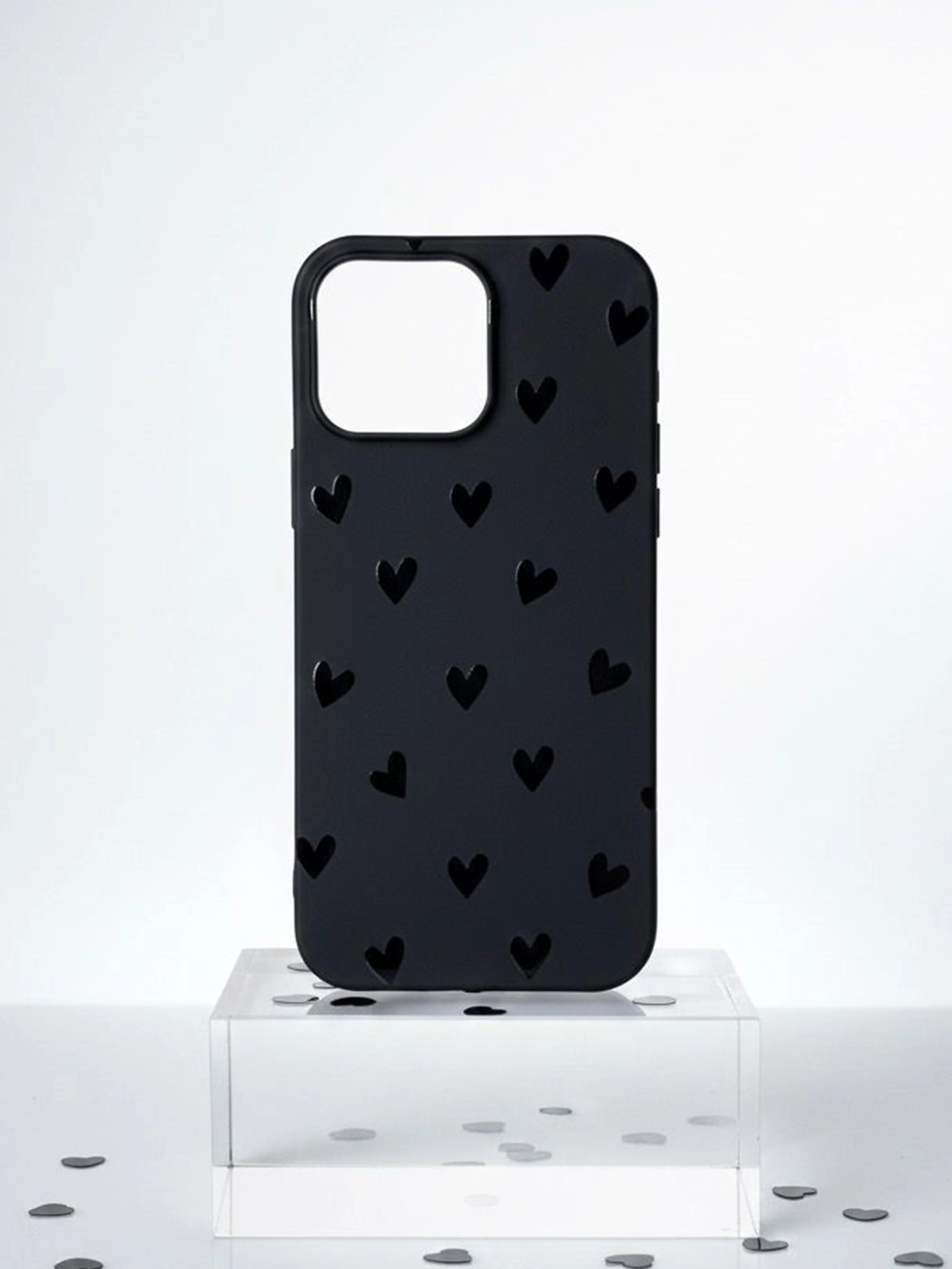 iPhone 11 Pro Max ile Uyumlu Kadife İç Dokulu Premium Lansman Telefon Kılıfı - Siyah Kalp