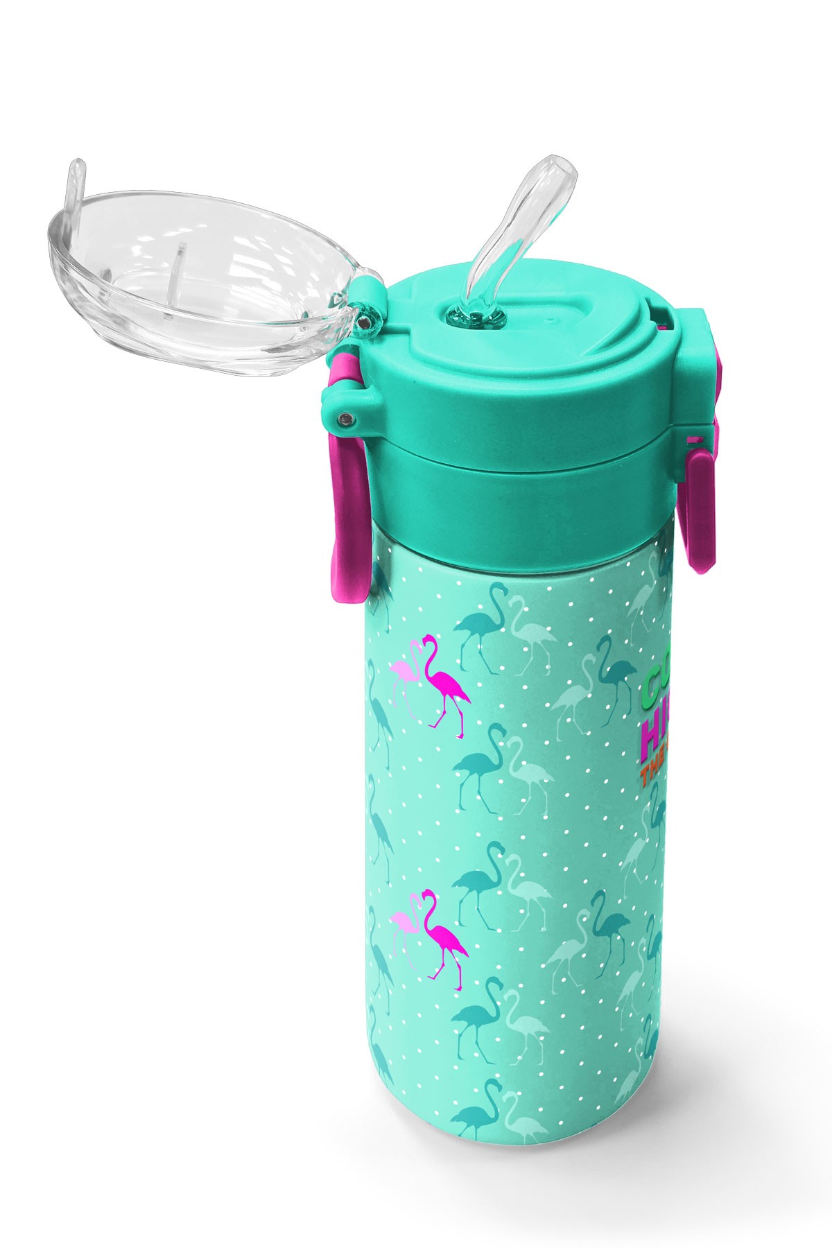 Coral High Kids Su Yeşili Neon Pembe Flamingo Desenli Pipetli ve Direkt İçim Çelik Termos 500 ml 31904