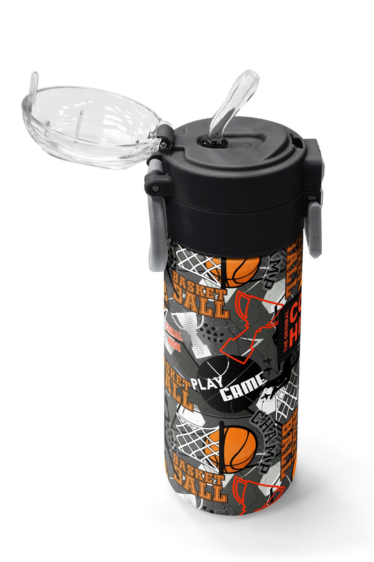 Coral High Kids Siyah Gri Basketbol Desenli Pipetli ve Direkt İçim Çelik Termos 500 ml 31975