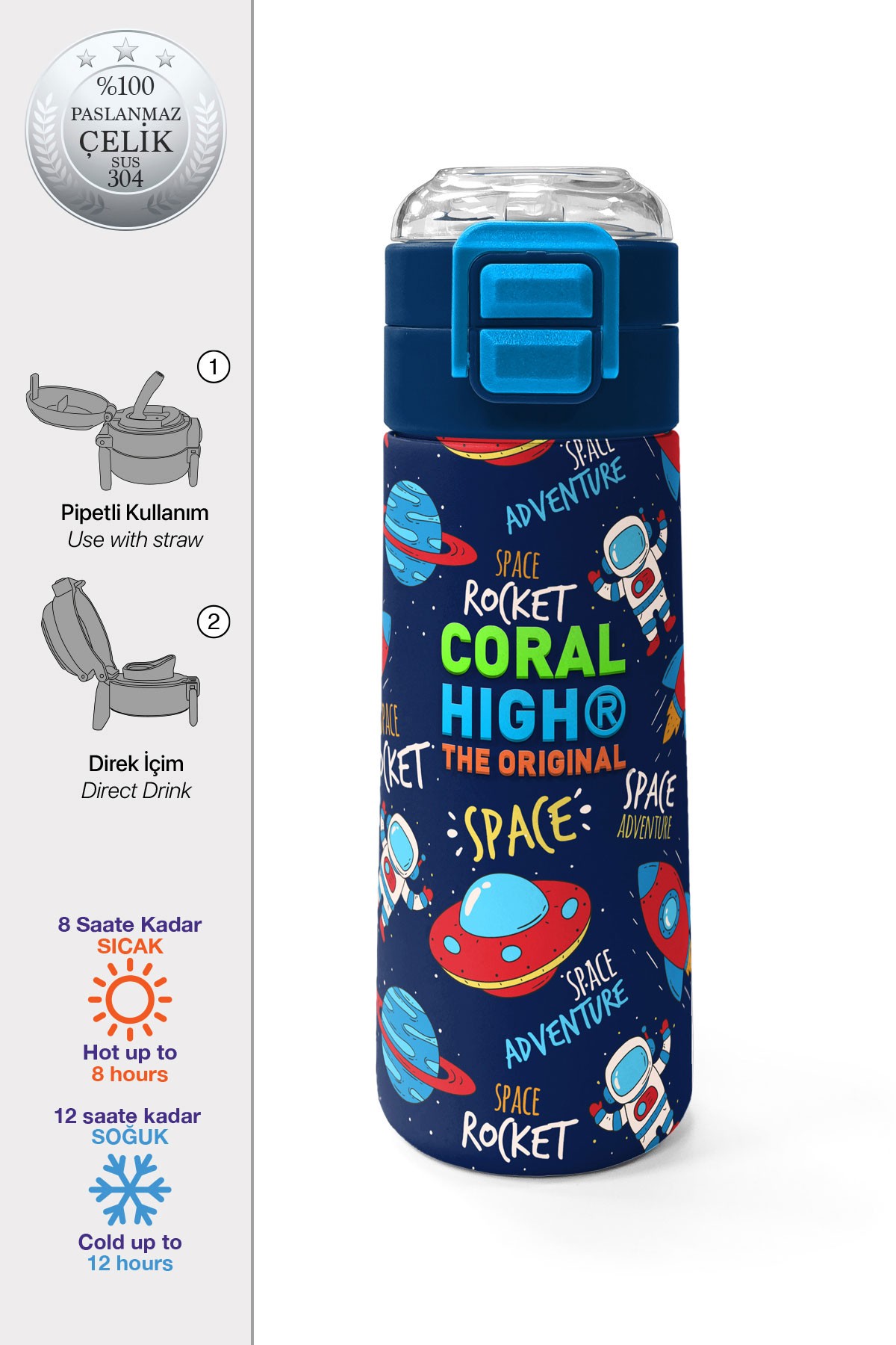 Coral High Kids Lacivert Mavi Uzay Desenli Pipetli ve Direkt İçim Çelik Termos 500 ml 31917