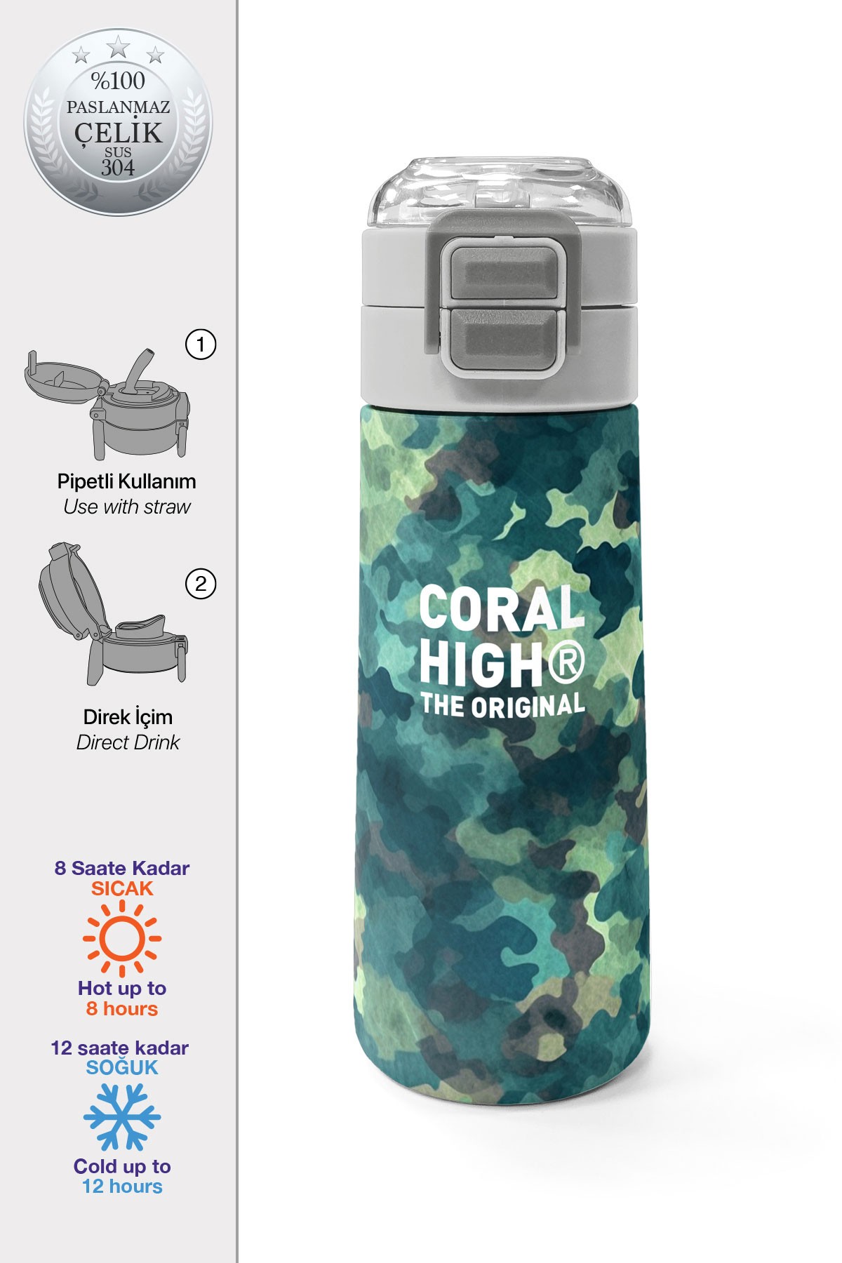 Coral High Kids Nefti Kamuflaj Desenli Pipetli ve Direkt İçim Çelik Termos 500 ml 31845