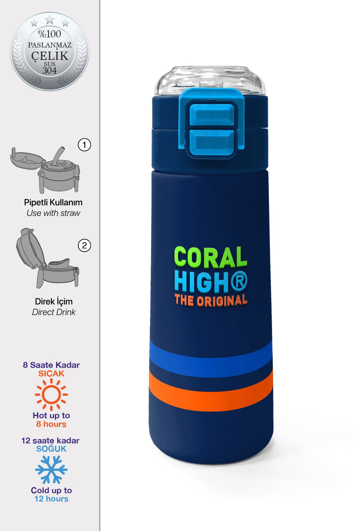 Coral High Kids Lacivert Pipetli ve Direkt İçim Çelik Termos 500 ml 31928
