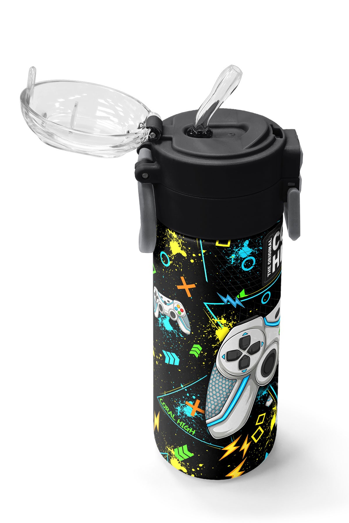 Coral High Kids Siyah Fosforlu Yeşil Gamer Desenli Pipetli ve Direkt İçim Çelik Termos 500 ml 31817