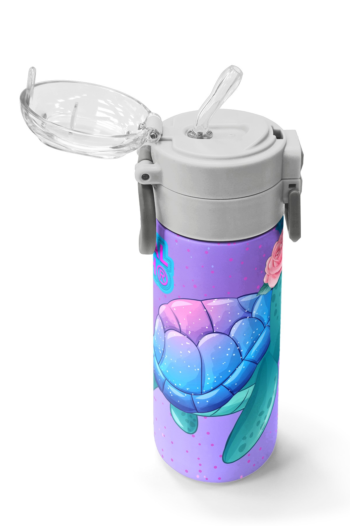 Coral High Kids Açık Pembe Mavi Kaplumbağa Desenli Pipetli ve Direkt İçim Çelik Termos 500 ml 31808