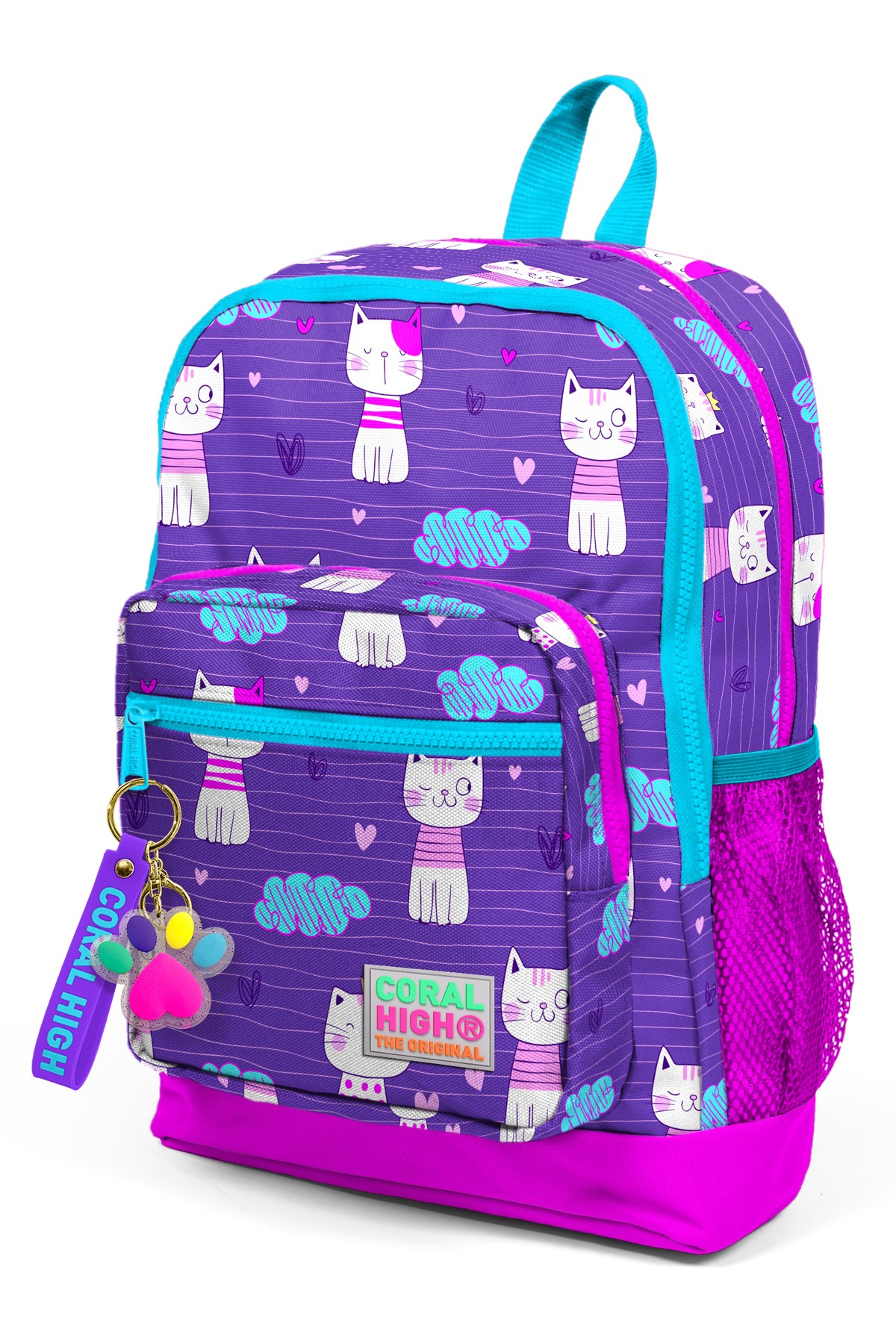 Coral High Kids Mor Pembe Kedi Desenli Dört Bölmeli Okul Sırt Çantası 23464