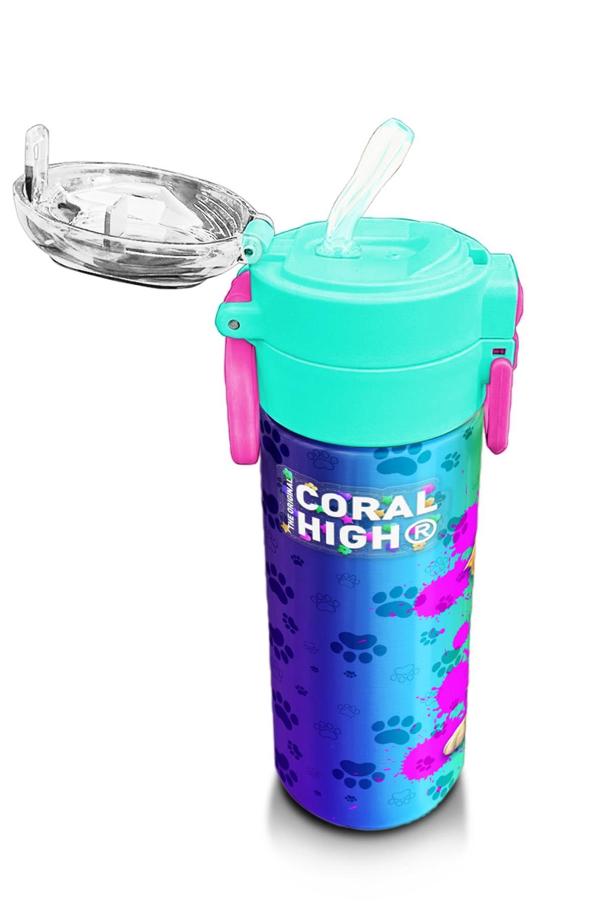 Coral High Kids Mor Pembe Köpek Desenli Pipetli ve Direkt İçim Çelik Termos 500 ml 31813