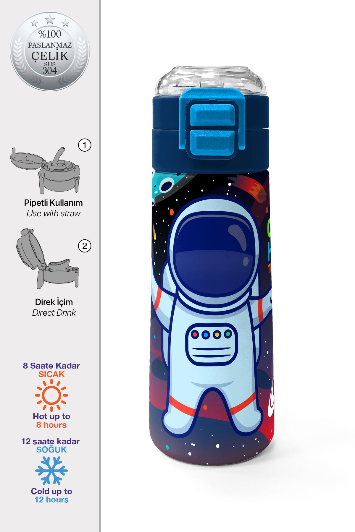 Coral High Kids Saks Mavi Astronot Desenli Pipetli ve Direkt İçim Çelik Termos 500 ml 31933