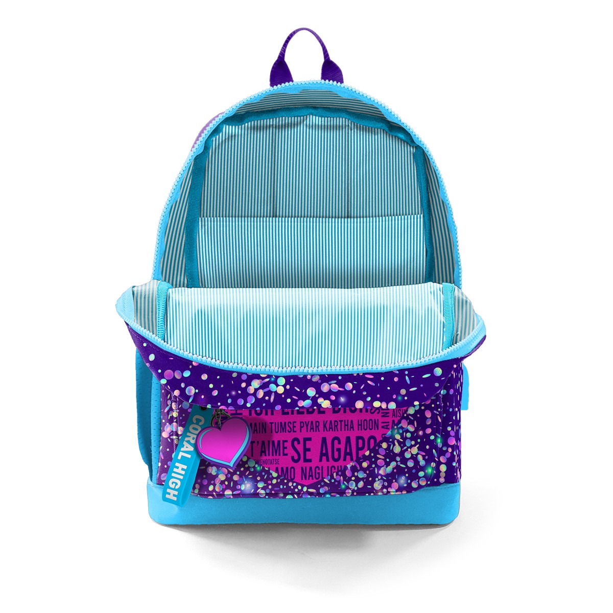 Coral High Kids Mor Mavi Pembe Kalp Desenli Dört Bölmeli USB'li Okul Sırt Çantası 23840