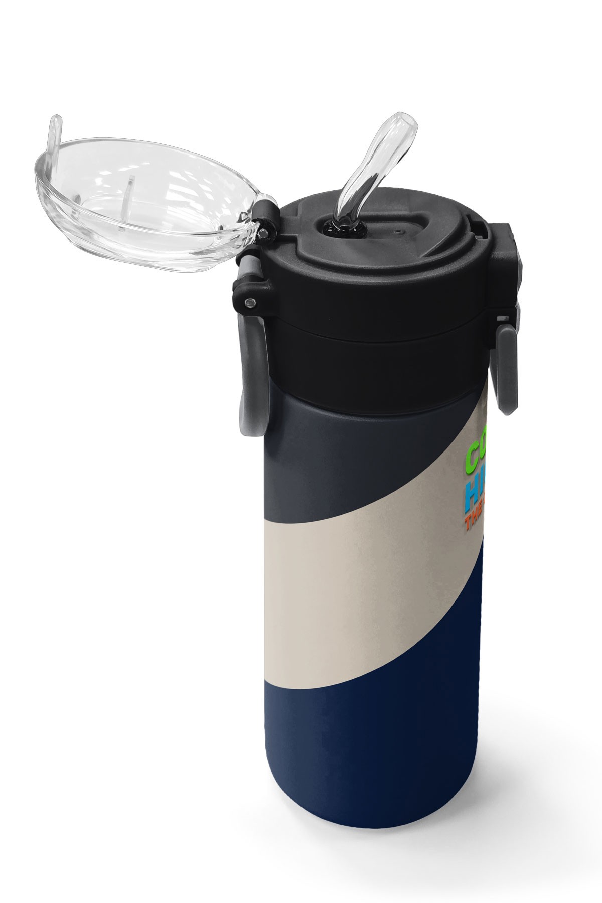 Coral High Kids Lacivert Koyu Gri Bej Desenli Pipetli ve Direkt İçim Çelik Termos 500 ml 31893