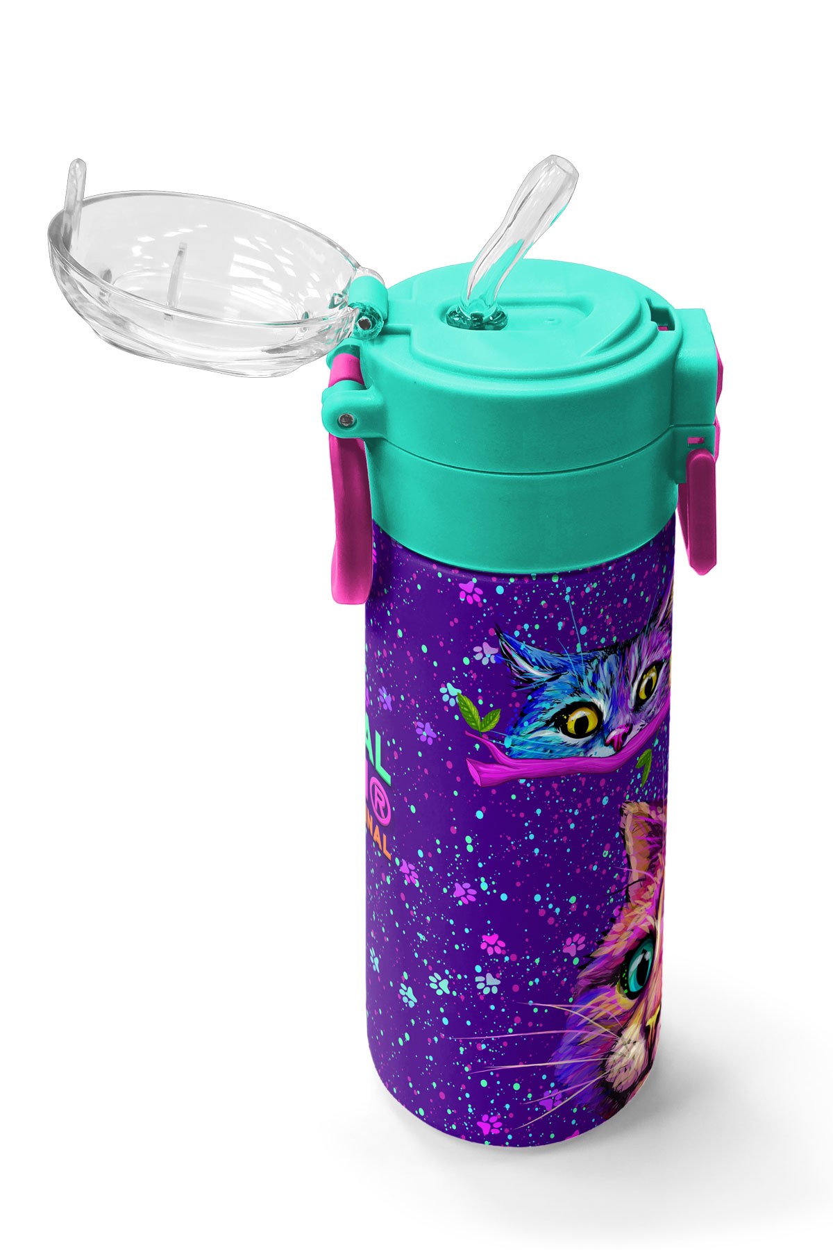 Coral High Kids Mor Pembe Kedi Desenli Pipetli ve Direkt İçim Çelik Termos 500 ml 31939