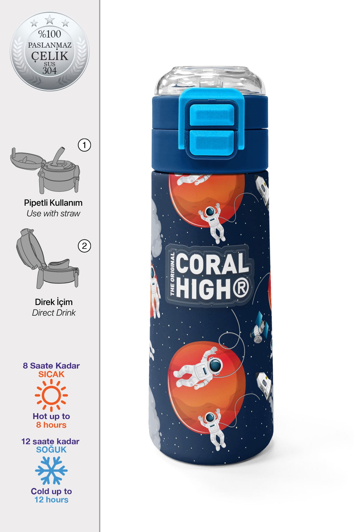 Coral High Kids Lacivert Mavi Astronot Desenli Pipetli ve Direkt İçim Çelik Termos 500 ml 31999
