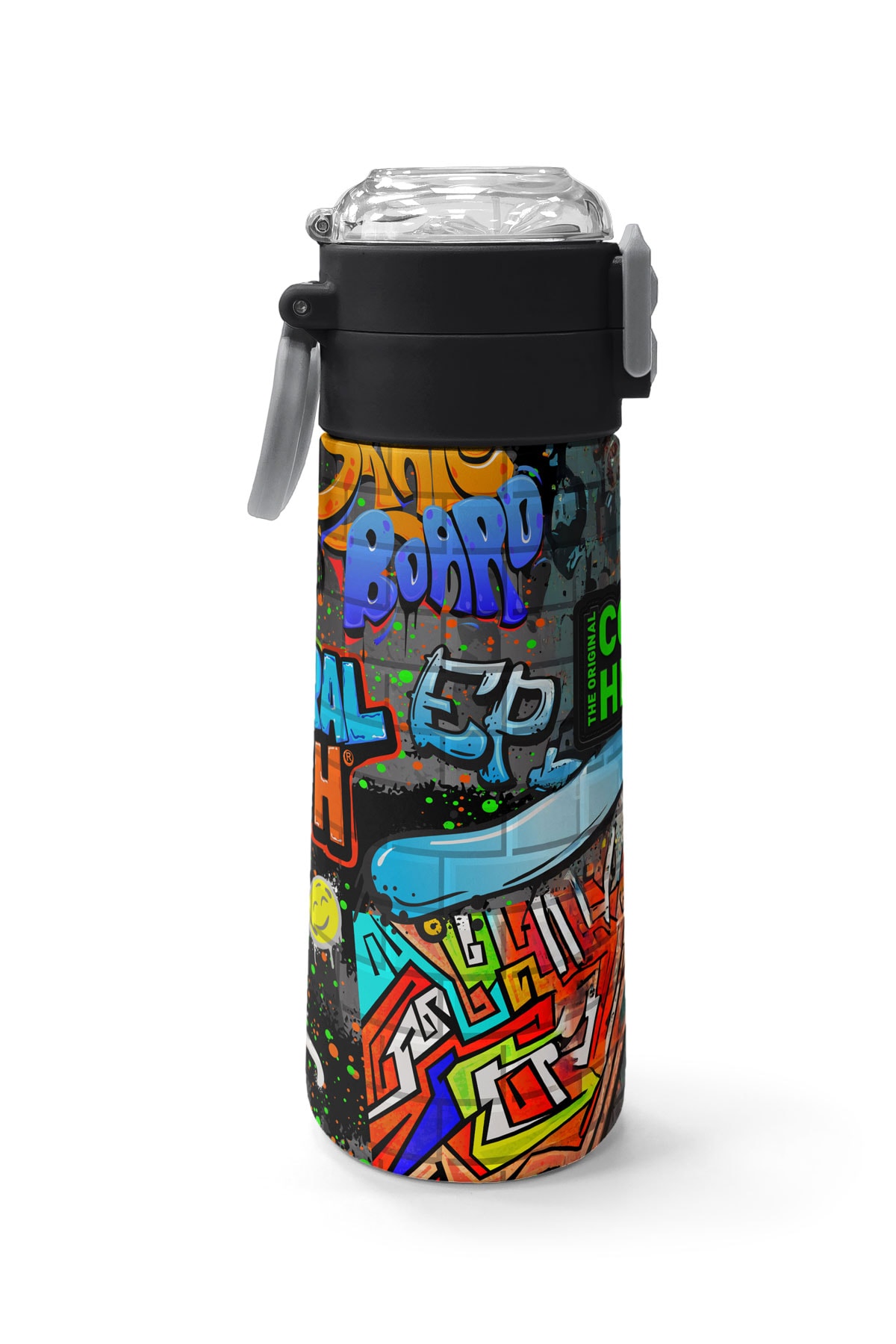 Coral High Kids Siyah Mavi Grafiti Desenli Pipetli ve Direkt İçim Çelik Termos 500 ml 31972