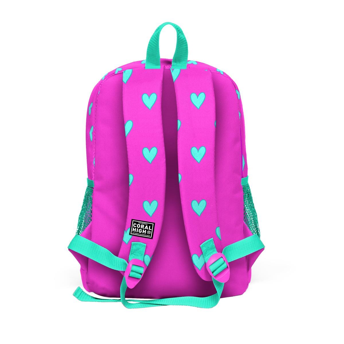 Coral High Kids Neon Pembe Su Yeşili Kalp Desenli 3’lü Okul Çanta Seti SET0123113