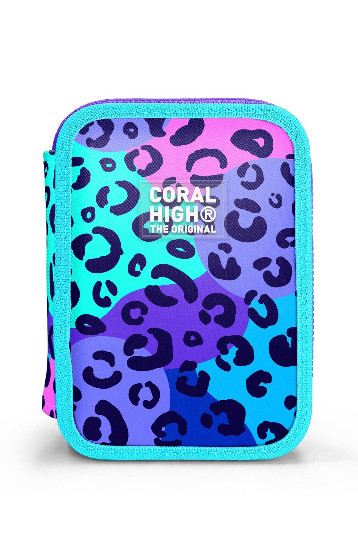 Coral High Mor Leopar Desenli Çift Katlı Kalem Çanta 11132