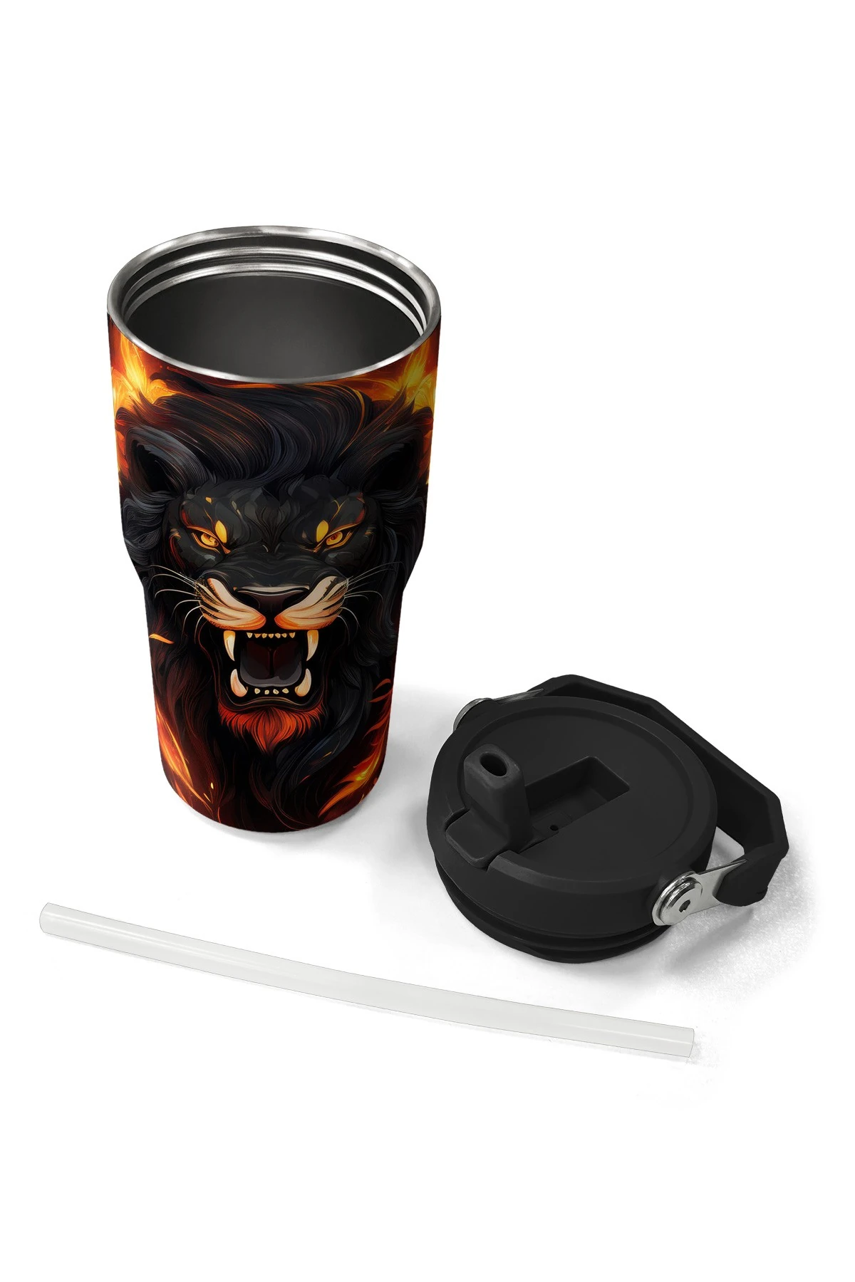 Coral High Black Lion Patterned Steel Thermos with Folding Mouth