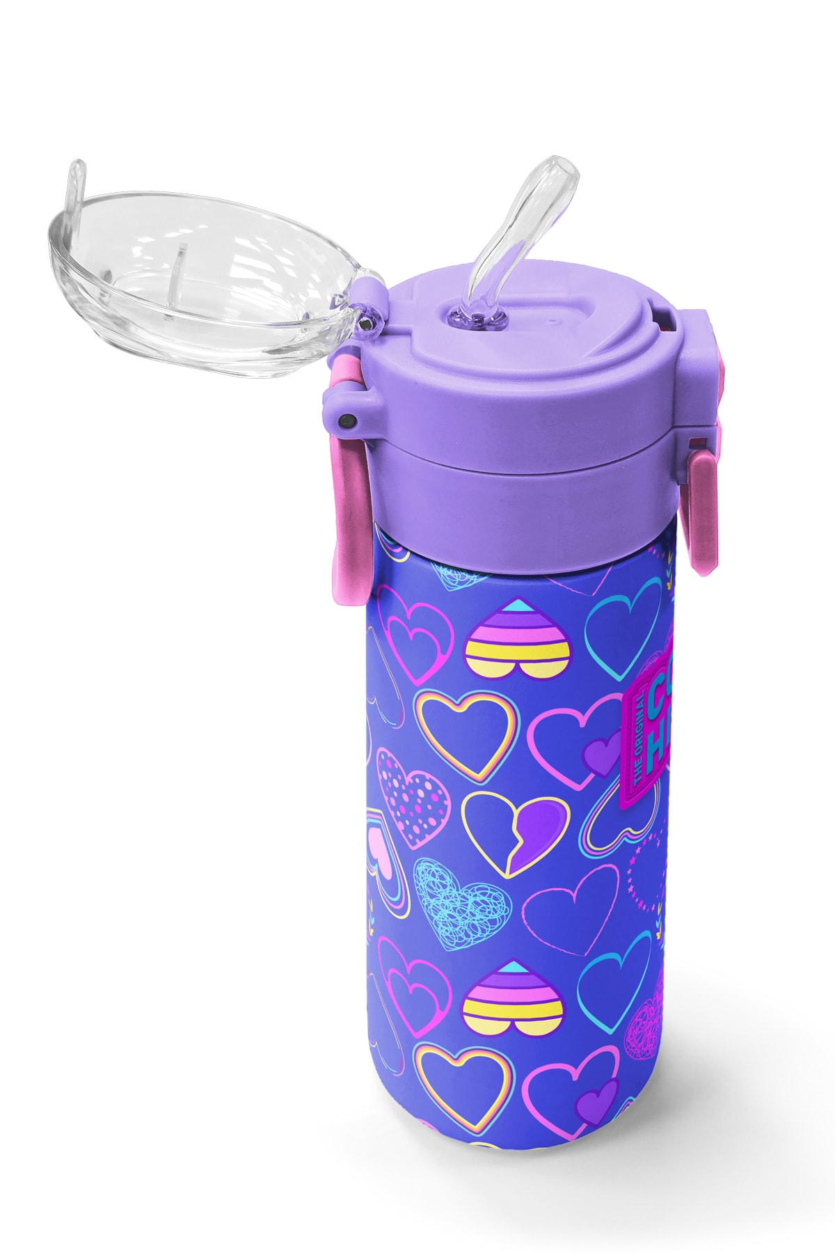 Coral High Kids Açık Pembe Lavanta Kalp Desenli Pipetli ve Direkt İçim Çelik Termos 500 ml 31977