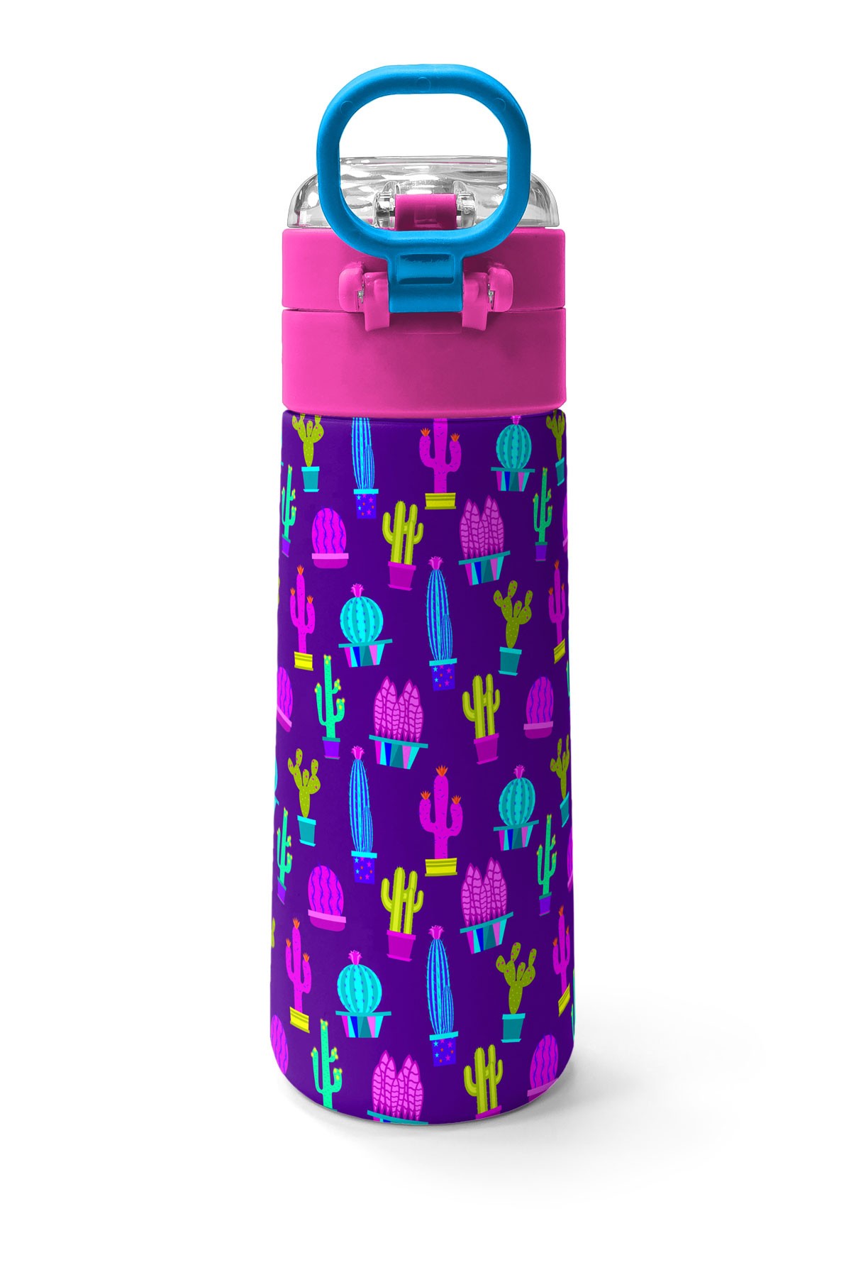 Coral High Kids Mor Pembe Kaktüs Desenli Pipetli ve Direkt İçim Çelik Termos 500 ml 31899