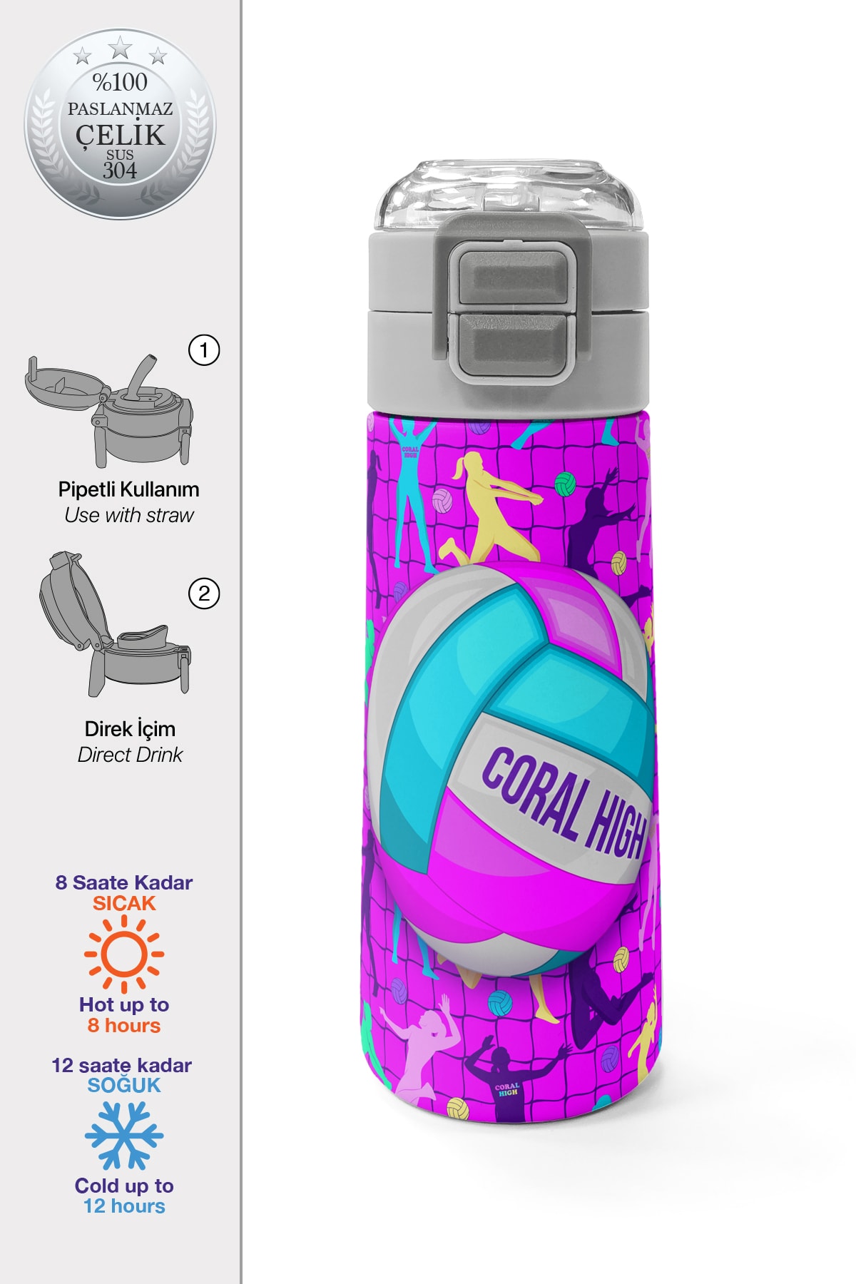 Coral High Kids Pembe Mor Voleybol Desenli Pipetli ve Direkt İçim Çelik Termos 500 ml 31962