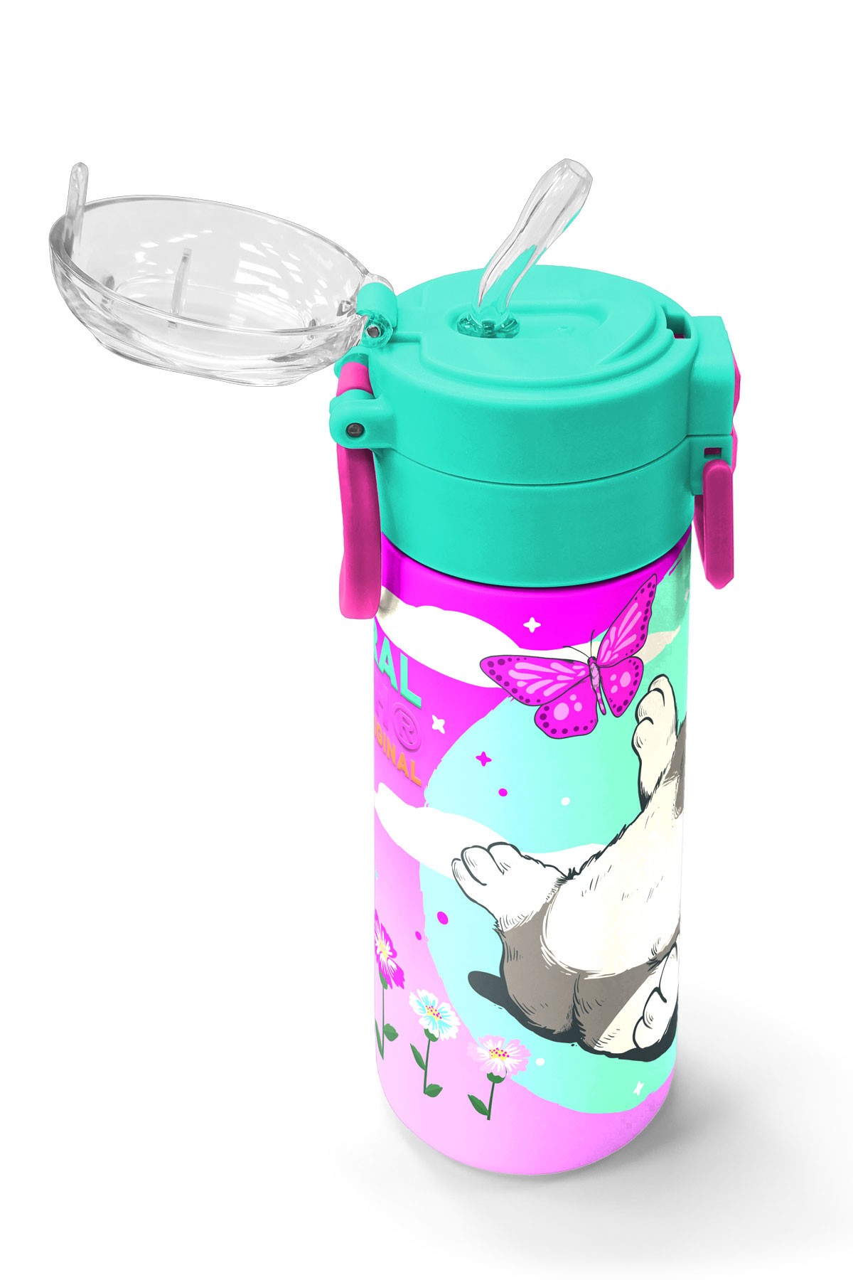 Coral High Kids Su Yeşili Pembe Kedi Desenli Pipetli ve Direkt İçim Çelik Termos 500 ml 31796