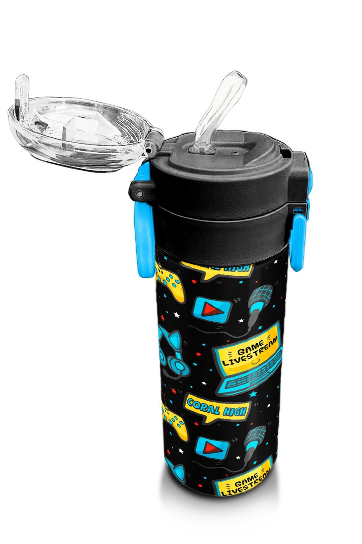 Coral High Kids Siyah Mavi Gamer Desenli Pipetli ve Direkt İçim Çelik Termos 500 ml 31984