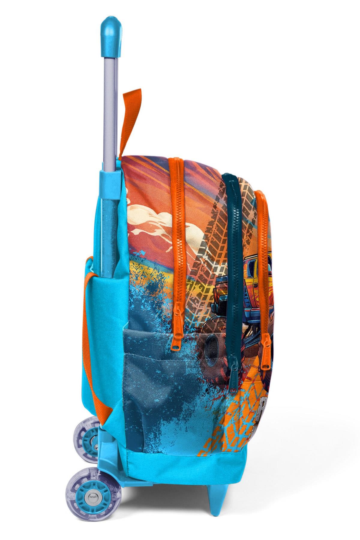 Coral High Kids Mavi Turuncu High Wheels Truck Desenli Üç Bölmeli Çekçekli Okul Sırt Çantası 23978