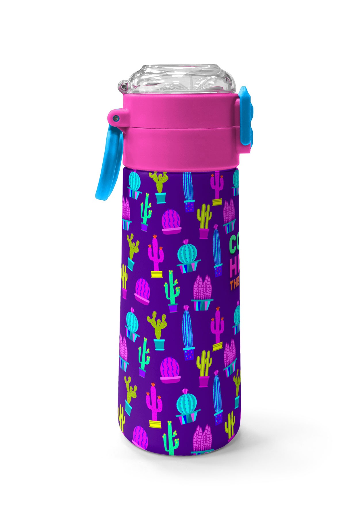 Coral High Kids Mor Pembe Kaktüs Desenli Pipetli ve Direkt İçim Çelik Termos 500 ml 31899