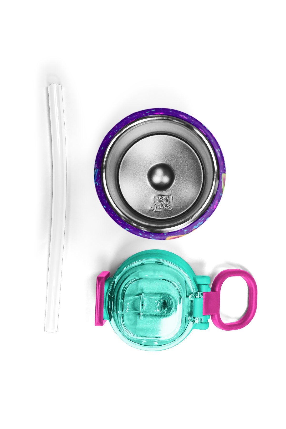 Coral High Kids Mor Pembe Kedi Desenli Pipetli ve Direkt İçim Çelik Termos 500 ml 31939