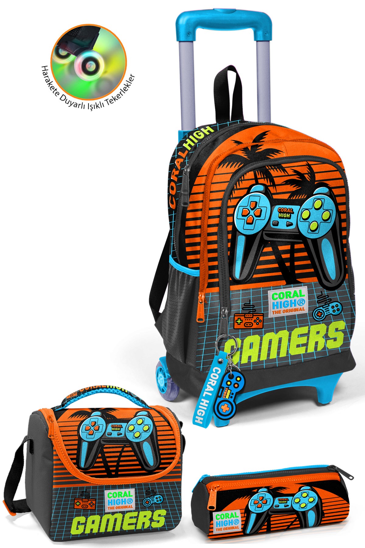 Coral High Kids Gri Turuncu Gamer Desenli Çekçekli 3'lü Çanta Seti SET0123946