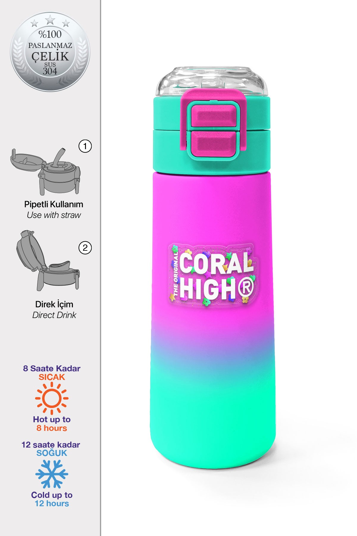 Coral High Kids Pembe Su Yeşili Renk Geçişli Pipetli ve Direkt İçim Çelik Termos 500 ml 31838